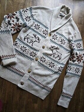 Cotton Blend Heathered Shawl-Collar Nordic Moose Knit Cardigan
